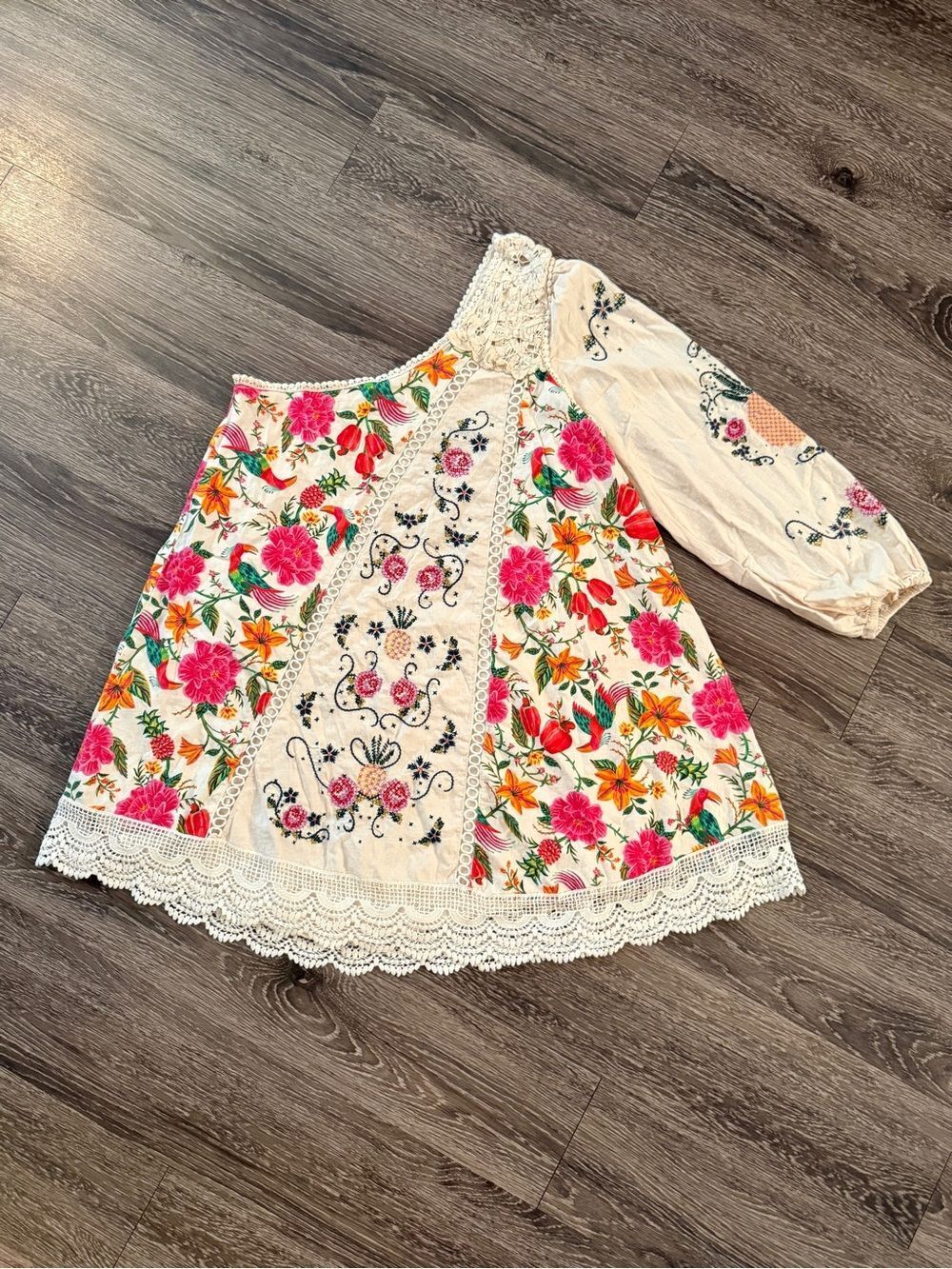 Farm Rio Toucan's Garden Floral Embroidery One-Shoulder Linen Blend Dress